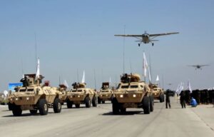 A photo of Bagram Air Base during the U.S. occupation, showing a busy airfield with military aircraft and personnel. Placement: In the "The Historical and Political Context" section to illustrate the base's former role.