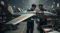 A side-profile view of a sleek, modern military drone (resembling a kamikaze drone like the Garpiya or Shahed) with advanced Chinese-style technical elements, possibly having a subtle Chinese flag emblem or text, being worked on by engineers in a dimly lit industrial facility, with Russian text or branding visible in the background, subtly indicating the collaboration.