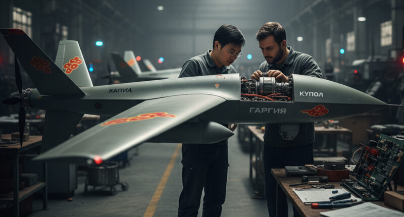 A side-profile view of a sleek, modern military drone (resembling a kamikaze drone like the Garpiya or Shahed) with advanced Chinese-style technical elements, possibly having a subtle Chinese flag emblem or text, being worked on by engineers in a dimly lit industrial facility, with Russian text or branding visible in the background, subtly indicating the collaboration.