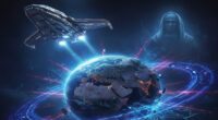 A mystical, slightly ominous illustration depicting a fragmented globe with subtle lines radiating from an Eastern region, surrounded by elements representing advanced AI circuits, a large spacecraft approaching Earth, and a distant, ethereal figure symbolic of a prophet or mystic.