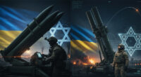 Ukrainian soldier operating Patriot air defense missile launcher with a backdrop symbolizing Israel's indirect contribution. Title