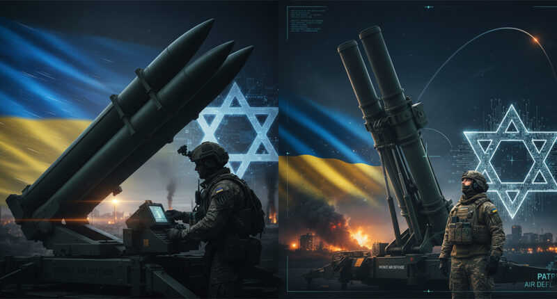 Ukrainian soldier operating Patriot air defense missile launcher with a backdrop symbolizing Israel's indirect contribution. Title