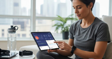 A graphic illustration of a person's silhouette with interconnected icons representing data, such as a smartwatch, a DNA helix, and a brain, symbolizing personalized health.