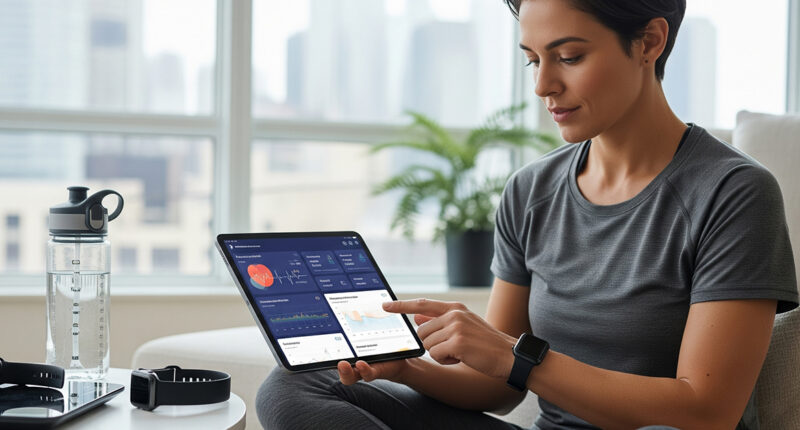 A graphic illustration of a person's silhouette with interconnected icons representing data, such as a smartwatch, a DNA helix, and a brain, symbolizing personalized health.