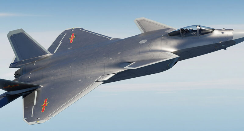 Alternative Text and a Caption for the J-20 image you provided are as follows: Alternative Text A high-angle close-up of a Chinese J-20 stealth fighter jet flying against a blue sky, showcasing its unique canard-delta wing design.