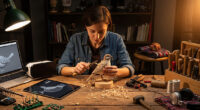 A person working on a wooden carving, with a laptop and digital tools alongside traditional carving instruments, symbolizing the blend of old and new hobbies.