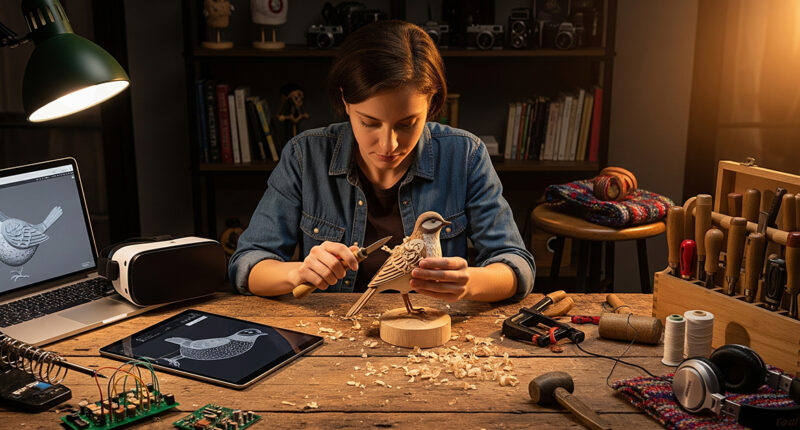 A person working on a wooden carving, with a laptop and digital tools alongside traditional carving instruments, symbolizing the blend of old and new hobbies.