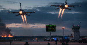 Two F-16 fighter jets rapidly taking off from an airfield at dusk, with afterburners glowing, as military personnel run on the tarmac. A radar screen and a control tower are visible, and a distant explosion or fire illuminates the horizon.
