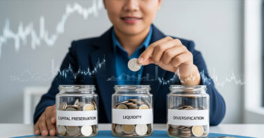 A person confidently placing coins into three distinct jars labeled "Capital Preservation," "Liquidity," and "Diversification" to represent building a short-term investment portfolio. The background is clean and modern, with a subtle financial graph.