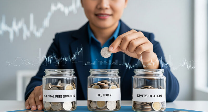 A person confidently placing coins into three distinct jars labeled "Capital Preservation," "Liquidity," and "Diversification" to represent building a short-term investment portfolio. The background is clean and modern, with a subtle financial graph.