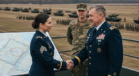 US military officials in uniform observing a military exercise with Belarusian or Russian counterparts, possibly shaking hands, with military vehicles or a map in the background. The atmosphere suggests a formal but tense interaction.