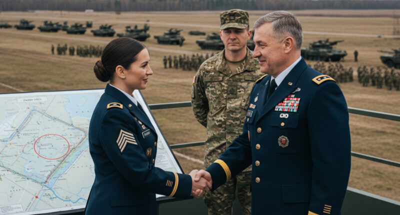 US military officials in uniform observing a military exercise with Belarusian or Russian counterparts, possibly shaking hands, with military vehicles or a map in the background. The atmosphere suggests a formal but tense interaction.