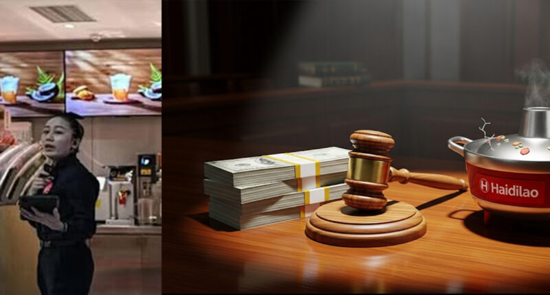 A conceptual image of a judge's gavel next to a stylized Haidilao hot pot on a courtroom table, with a stack of money in the background, symbolizing the financial and legal consequences of the hot pot vandalism case.
