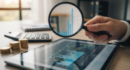 A person's hand with a magnifying glass examining a financial chart on a tablet, with a few coins and a calculator on a table. The image represents the careful scrutiny required for smart, low-risk investments.