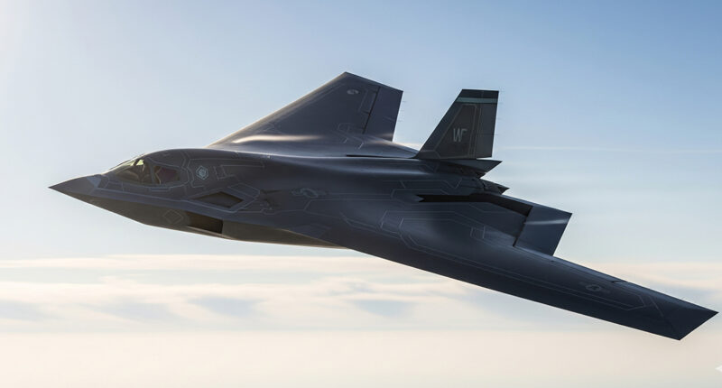 The U.S. Air Force's B-21 Raider stealth bomber, a sleek and futuristic aircraft, shown in mid-flight against a clear sky, highlighting its advanced design and stealth capabilities.