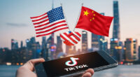 A conceptual image showing the flags of the United States and China shaking hands over a glowing smartphone with the TikTok logo, symbolizing the diplomatic negotiations.