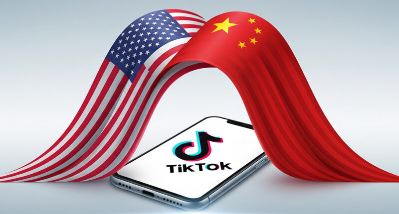 A digital illustration showing the American and Chinese flags coming together over a mobile phone displaying the TikTok logo, symbolizing a new agreement. The background has a clean, professional aesthetic.