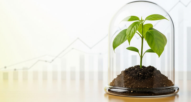 A visual metaphor of a small plant growing steadily and securely within a protective glass dome or a secure, stable environment, against a soft, bright background with subtle financial graphs.