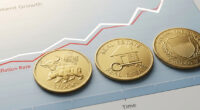 Three coins with symbols for stocks, real estate, and government bonds on a graph showing an upward trend, representing safe investments that beat inflation.