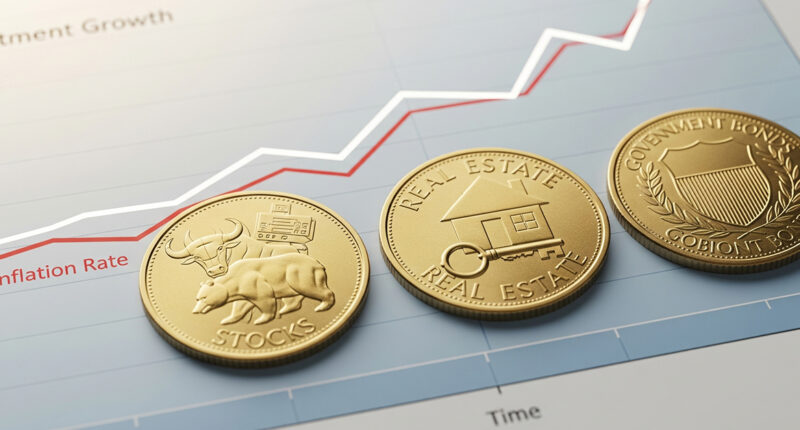 Three coins with symbols for stocks, real estate, and government bonds on a graph showing an upward trend, representing safe investments that beat inflation.