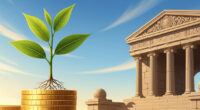 A stylized illustration of a small plant growing rapidly from a stack of coins on a stable, solid base, representing safe, short-term investments.