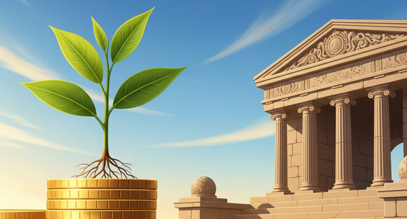 A stylized illustration of a small plant growing rapidly from a stack of coins on a stable, solid base, representing safe, short-term investments.