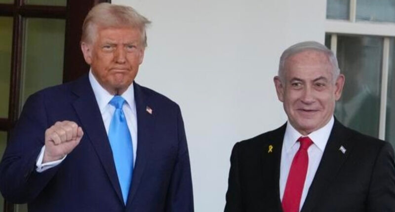 A split image showing Donald Trump on one side and Benjamin Netanyahu on the other, with a blurred map of the Middle East in the background, subtly indicating a strained communication or a complex geopolitical situation.