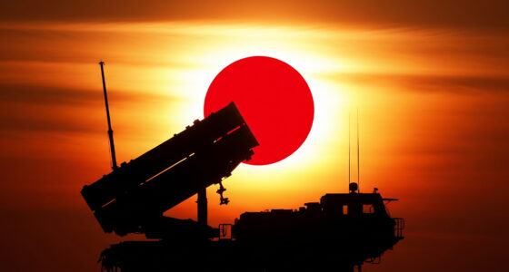 A ground-based missile launcher silhouetted against a rising sun, with a Japanese flag subtly integrated into the background, symbolizing the military deployment and strategic partnership between the two nations.