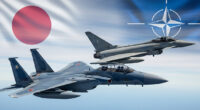 A Japanese F-15 fighter jet flying in formation with a NATO-member aircraft, with the flags of Japan and a NATO country (e.g., UK or Germany) displayed in the background.
