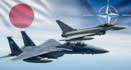 A Japanese F-15 fighter jet flying in formation with a NATO-member aircraft, with the flags of Japan and a NATO country (e.g., UK or Germany) displayed in the background.