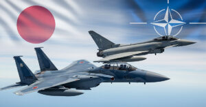 A Japanese F-15 fighter jet flying in formation with a NATO-member aircraft, with the flags of Japan and a NATO country (e.g., UK or Germany) displayed in the background.