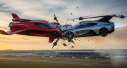 A dramatic digital illustration of two futuristic flying cars colliding mid-air, with debris scattering and wisps of smoke emerging from the point of impact. The cars are sleek and aerodynamic, one red and one silver, set against a dynamic sky with a faint rising sun.