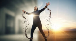 Text: A symbolic image of a person breaking free from heavy chains, representing the act of overcoming procrastination. The background transitions from a dark, restrictive space to a bright, open horizon.