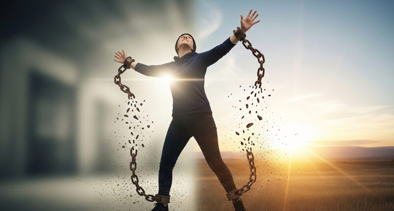 Text: A symbolic image of a person breaking free from heavy chains, representing the act of overcoming procrastination. The background transitions from a dark, restrictive space to a bright, open horizon.