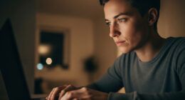 A person working with great focus and determination on a laptop in a dimly lit, quiet room.