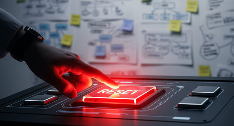 A person's hand pressing a large, glowing "RESET" button on a futuristic-looking console, with a blurred background of a complex, cluttered whiteboard full of notes and to-do lists.