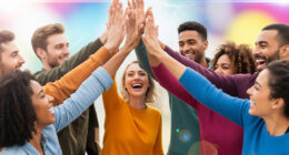 A diverse group of people smiling and giving high-fives, symbolizing a supportive and motivating "hype squad."