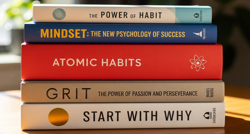 A stack of five inspirational books, including "Atomic Habits" and "Mindset," illuminated by sunlight on a wooden desk.