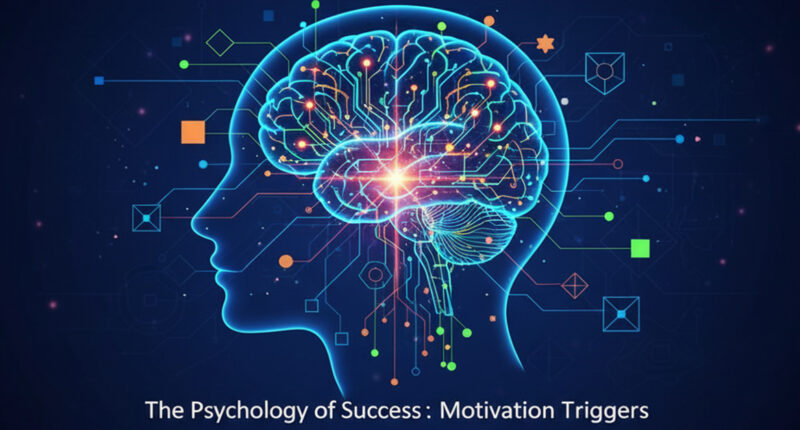 A glowing, abstract representation of the human brain with interconnected circuits, overlaid with "The Psychology of Success : Motivation Triggers" text, on a dark blue background.