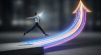 A person leaping gracefully from a solid, grey, stagnant platform towards a bright, dynamic, abstract path composed of swirling, colorful lines, symbolizing career progression and renewed motivation.