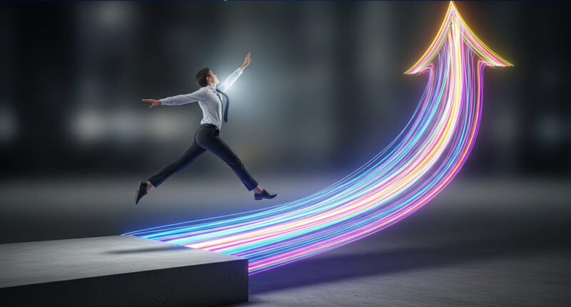 A person leaping gracefully from a solid, grey, stagnant platform towards a bright, dynamic, abstract path composed of swirling, colorful lines, symbolizing career progression and renewed motivation.