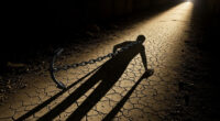 A person's shadow with a heavy, visible anchor chain tied to their back, as they try to walk forward on a path. The path is illuminated by a small, distant light.