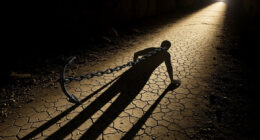 A person's shadow with a heavy, visible anchor chain tied to their back, as they try to walk forward on a path. The path is illuminated by a small, distant light.