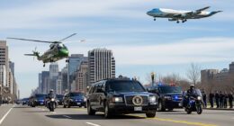 A dramatic photo of the US presidential motorcade with The Beast limousine, Marine One helicopter, and Air Force One in the sky.