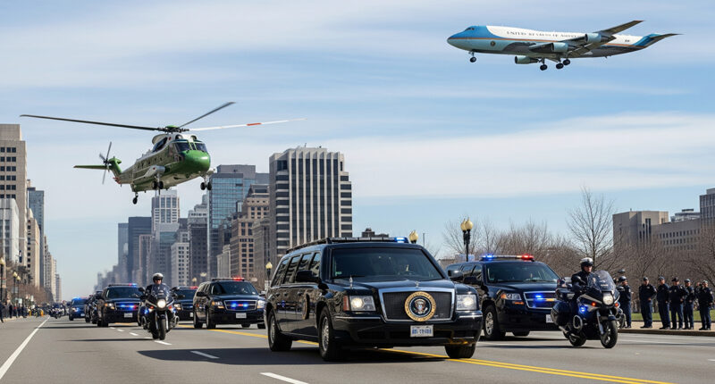 A dramatic photo of the US presidential motorcade with The Beast limousine, Marine One helicopter, and Air Force One in the sky.