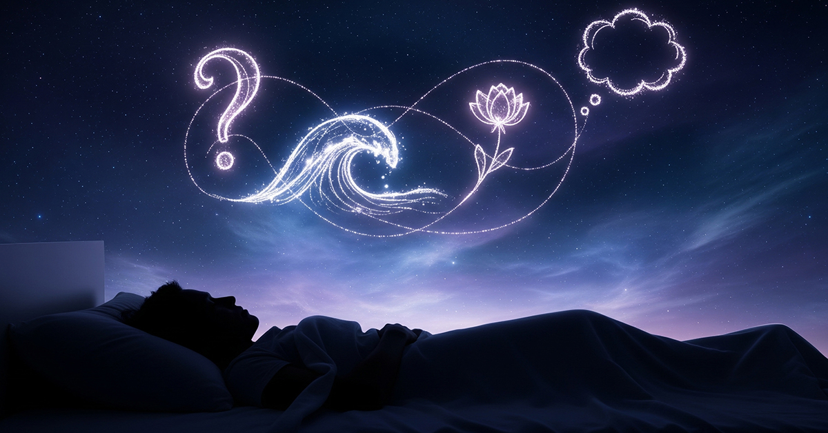 Person silhouette on a bed with subtle glowing emotional symbols above them, illustrating internal emotional activity at night.
