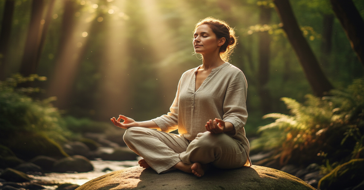 A person sitting calmly on a rock in a peaceful, natural setting, with their eyes closed and hands resting on their lap, symbolizing deep listening and a connection to their inner self. The background is a soft-focus forest with dappled sunlight.