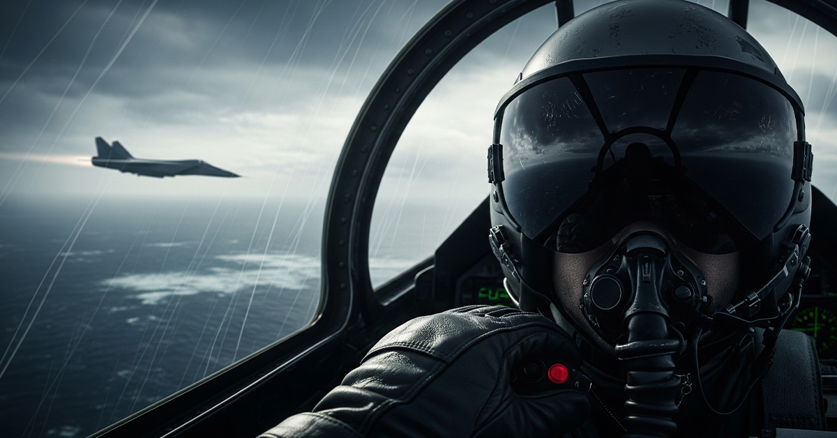A view from the cockpit of a NATO jet showing a pilot's hand and a Russian MiG-31 in the distance over the sea.