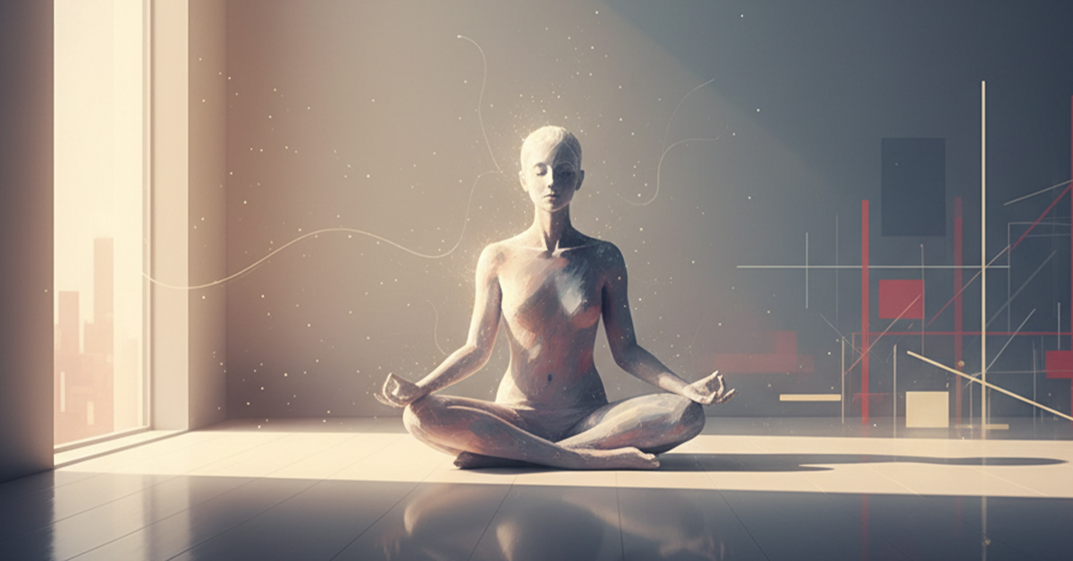 A lone figure meditates peacefully in a serene, modern minimalist room with soft natural light, symbolizing calm and focus amidst a chaotic world.