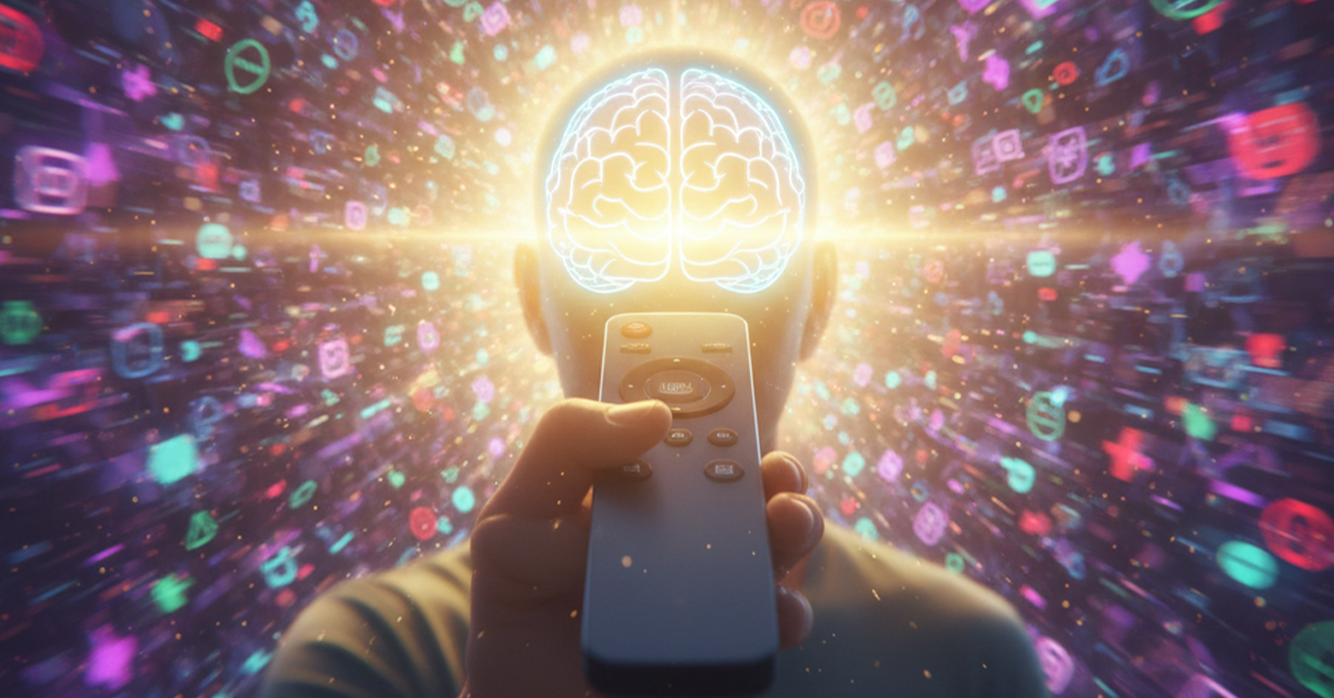 A person's hand holding a remote control, but instead of a TV, it's aimed at their head, with a calm, peaceful light emanating from it. The background is a mix of blurred, chaotic digital icons and notifications.